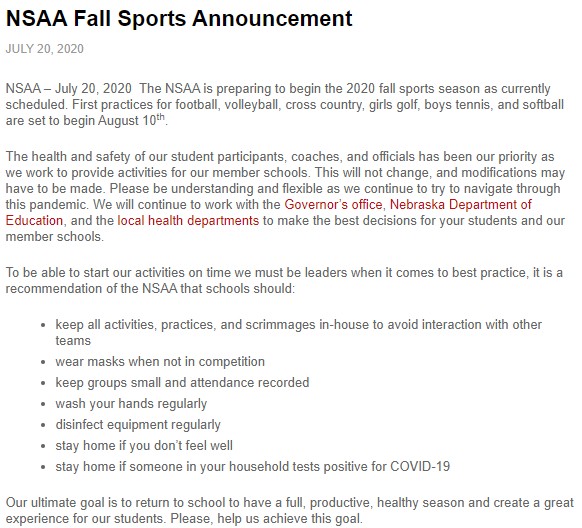 The NSAA is preparing to begin the 2020 fall sports season as currently scheduled. 

Please read the full statement here - nsaahome.org/nsaa-fall-spor…. #nebpreps