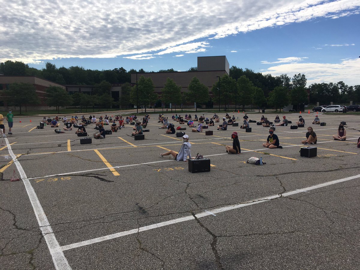 CaledoniaBands's tweet photo. Marching Band 2020 is off to a great socially distanced start! Brass and Percussion getting ready to go! https://t.co/ZZ25RuAPGU