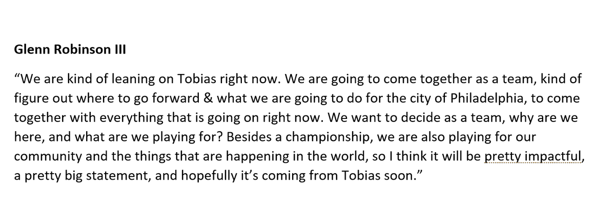 (Related)Glenn Robinson III says they are leaning on Tobias Harris right now as the team comes together to decide what they are going to do for Philadelphia & their communities."It will be pretty impactful, a pretty big statement & hopefully it’s coming from Tobias soon.”