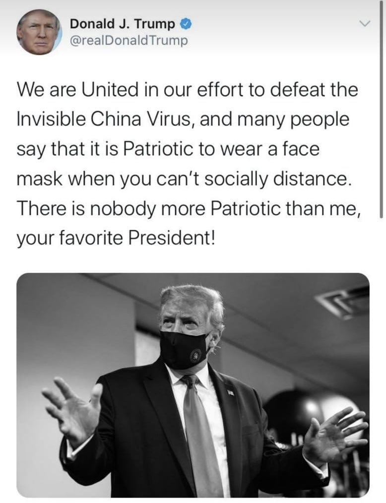 This is yet another example of Trump accepting narratives of his adversaries. A mere few months ago, lockdown models did not mention masks, and the “patriot” line is a recent buzzword from media/Dems. They say jump and Trump says “how high?”Then they move to the next thing.