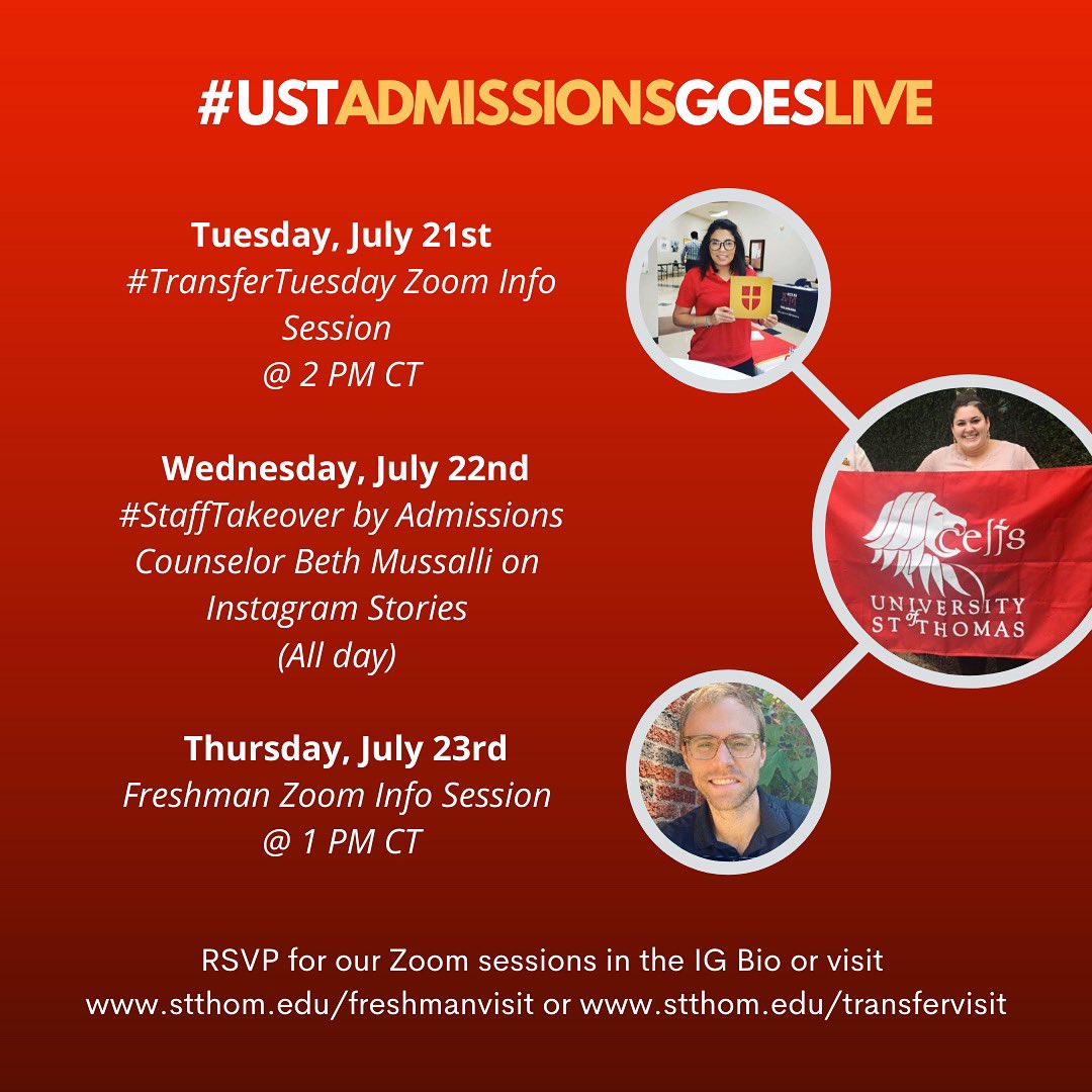 USTadmissions's tweet photo. Hey #FutureCelts! Join us this week on #USTAdmissionsGoesLive for #TransferTuesday and #FreshmanThursday on Zoom! We also will have wonderful Admissions Counselor Beth Mussalli take over our IG all day on Wed. July 22nd! RSVP for our sessions today at https://t.co/pvMzFZditZ! https://t.co/kIJZwgCwPF