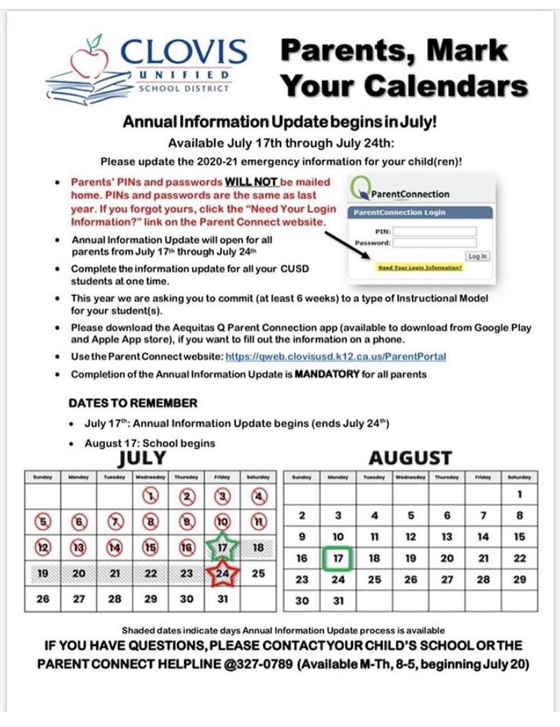 ClovisWest's tweet photo. Hey parents! Don’t forget to update your information during the annual update! Deadline is Friday 7/24! #cloviswest https://t.co/3YqjwuTu3g
