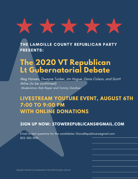 StoweRepublica1's tweet photo. MARK YOUR CALENDARS!!
Vermont Republican Lieutenant Governor Debate!
August 6th 7:00 to 9:00 pm
Via Zoom
RSVP: StoweRepublicans@gmail.com
#vtlitegov #stowerepublicans #opportunitiesforall https://t.co/VK10fbmmQl