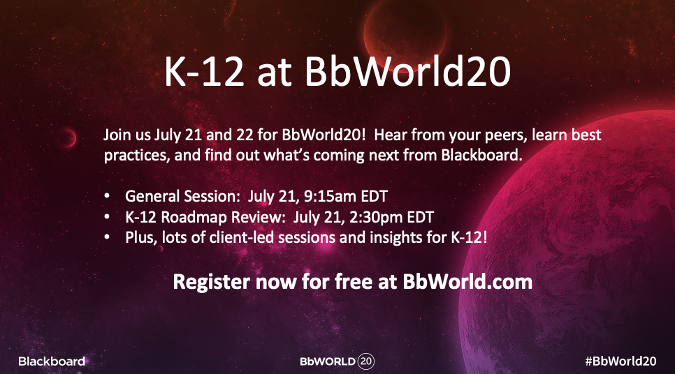 Really looking forward to #BbWorld20.  Lots of great updates for K-12 leaders this year.  Join us! <a href="/Blackboard/">Blackboard</a>K12 @Blackboard