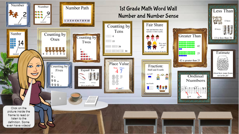 the_mrs_rz's tweet photo. 1st Grade Number and Number Sense #BitmojiClassroom finished! This time I included links to videos as well as the #googletranslate definitions. #mathwordwall #virtualclassroom https://t.co/BOxZa4QvUj