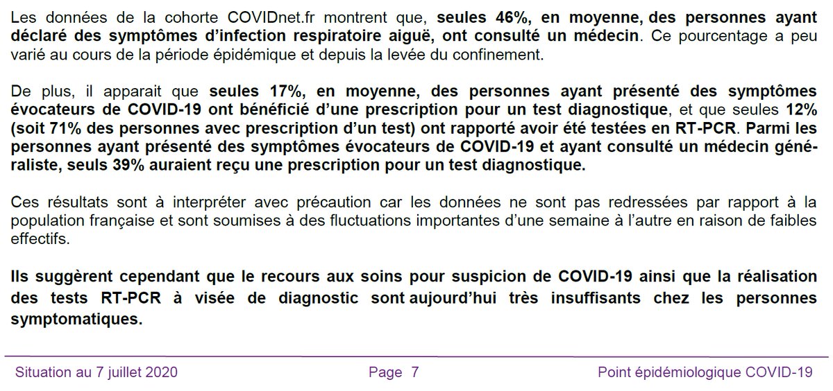 36. Santé Publique France le confirme dans ses deux derniers bulletins hebdomadaires du 9 et 17 juillet : seule une petite fraction des gens ayant des symptômes compatibles avec le Covid sont testés.