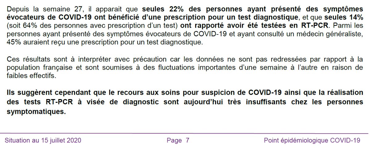 36. Santé Publique France le confirme dans ses deux derniers bulletins hebdomadaires du 9 et 17 juillet : seule une petite fraction des gens ayant des symptômes compatibles avec le Covid sont testés.