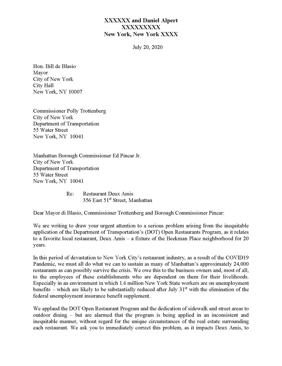 DanielAlpert's tweet image. If you live in, or love, #NYC and hate seeing our restaurant industry suffering, can you help by retweeting this letter on behalf of one of my faves that is being treated poorly by the city, @NYCMayor &amp;amp; @NYC_DOT? Thank you.
And patronize your neighborhood restaurants if you can!
