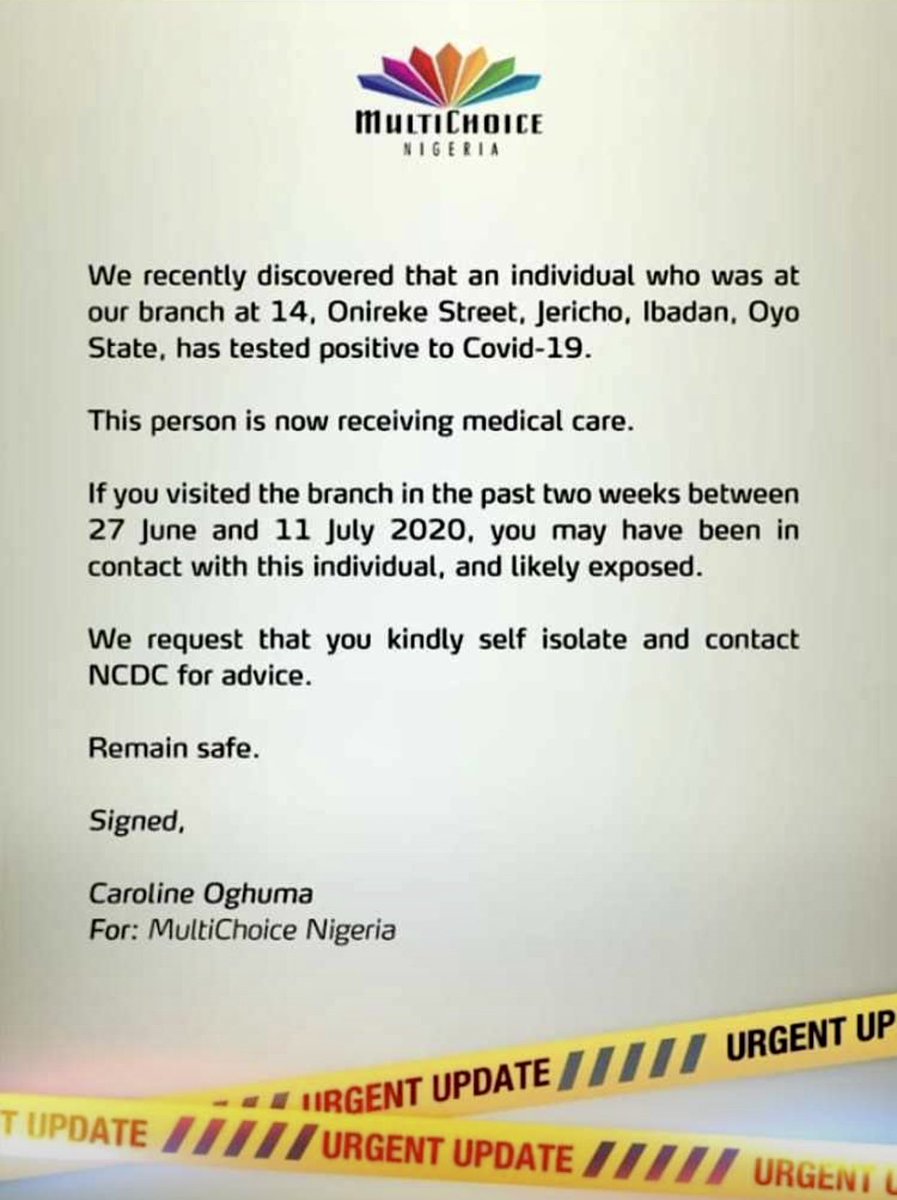 CrystalMediaP's tweet photo. A Positive Covid-19 case at MultiChoice Nigeria, Jericho, Ibadan Branch. https://t.co/ML03VtxjsQ