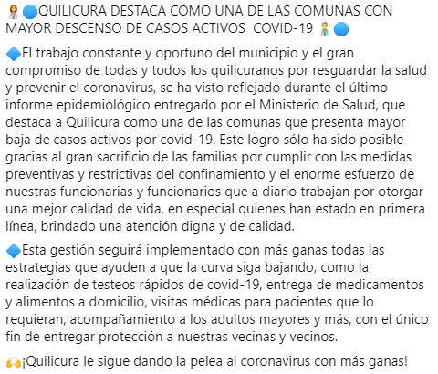 muniquilicura's tweet photo. 👩‍⚕️QUILICURA DESTACA COMO UNA DE LAS COMUNAS CON MAYOR DESCENSO DE CASOS ACTIVOS  COVID-19 👨‍⚕️

El último informe epidemiológico entregado por el Minsal, destaca a Quilicura como una de las comunas que presenta mayor baja de casos activos por covid-19👇
https://t.co/7r60w2RJmb https://t.co/KHa0KL1qoi