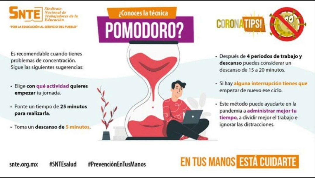 PatrocinioDL's tweet photo. #SNTEsalud ⚕️
✅ Si tienes problemas de concentración 😳 por el aislamiento social 🏡🧍por #COVID19 🦠 practica la Técnica Pomodoro✔️ Sabes qué es❓
#QuédateEnCasa
#FelizLunes #20Julio #HordaPoderosa #InicioDeSemana #tristeturno #COVIDー19 #vacuna #BuenDia #COVID
@Sec30Tam https://t.co/q9tKw8m9Zu