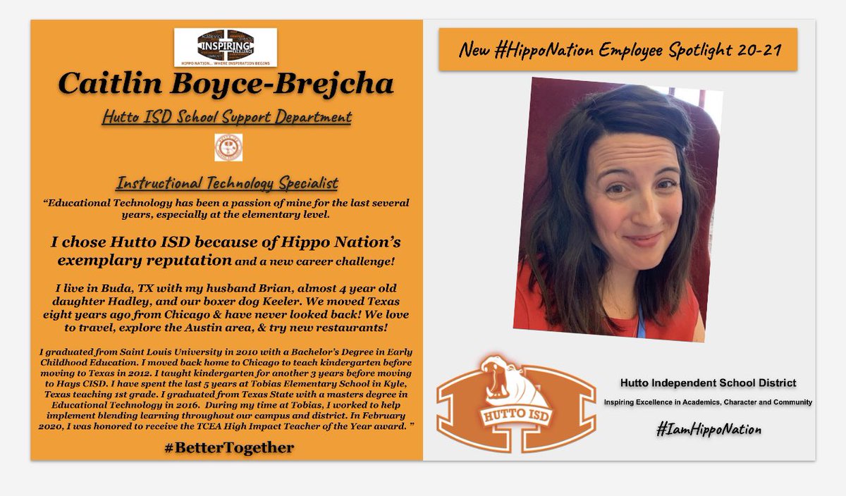 huttoisdhr's tweet photo. Welcome to #HippoNation 
#BetterTogether #IamHippoNation 
🙌🏼🎉🦛🧡
@HuttoISD @TechieHippo @MeredithRoddy @kknhong @Stephaniedeann8 @techy_davido https://t.co/g9QXeE7xfv