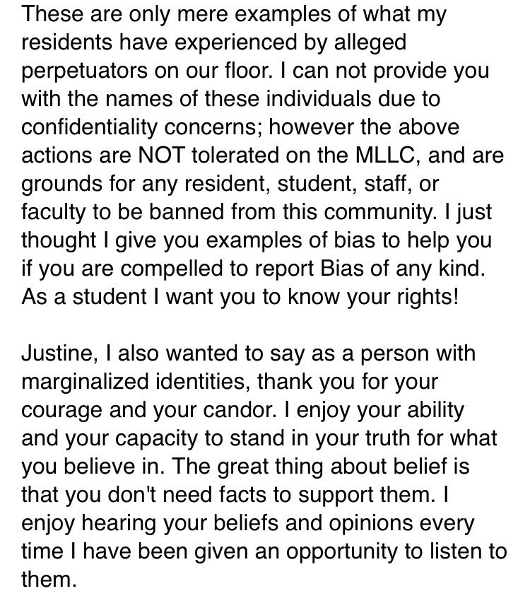 The residence advisor later sent me a backhanded email, ensuring that I am welcome on the floor as long as I follow his list of “don’ts.”This included dressing up as any political figure he deems offensive (AKA Melania Trump).