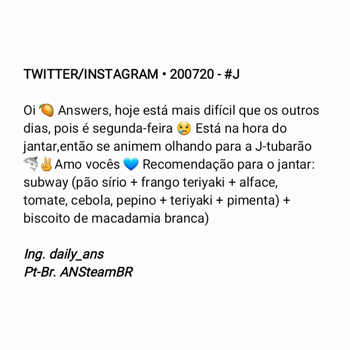 ansteambr's tweet photo. ๐ท | TWITTER/INSTAGRAM โข 200720 - Atualizaรงรฃo do #J no twitter e instagram. (1)
๐ https://t.co/QCagpCaSWR
๐ https://t.co/R0YyTGJp6h
ยฉ๏ธ daily_ans ANSteamBR โข #ANS #AngelNSoul #์์ด์์์ค #weAre_ANSWER https://t.co/gU6mmChMZ6