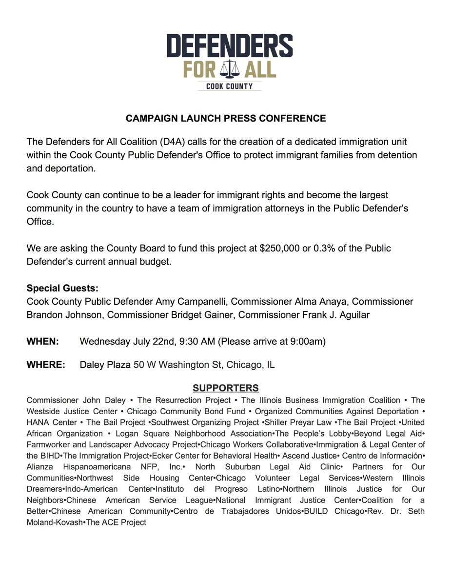 d4a_il's tweet photo. Join us for our public launch and press conference in support of the creation of a dedicated immigration unit within the Cook County Public Defender's Office to protect immigrants from deportation and separation of families. Wed July 22, 2020 at 9:30am https://t.co/SZPbJhR7rm