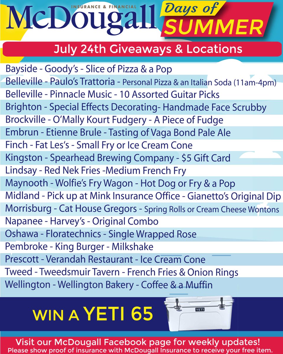 mcdougallins's tweet photo. Another week coming at ya! You know the drill. Bring your proof of insurance and scoop up your free goodies. 

Don't forget to take a selfie and tag us in it using #FrugalFridays2020 for a chance to win a $500 Yeti cooler!

See you Friday, July 24th!
#McDougallDaysOfSummer https://t.co/Mq4uiAH1V9