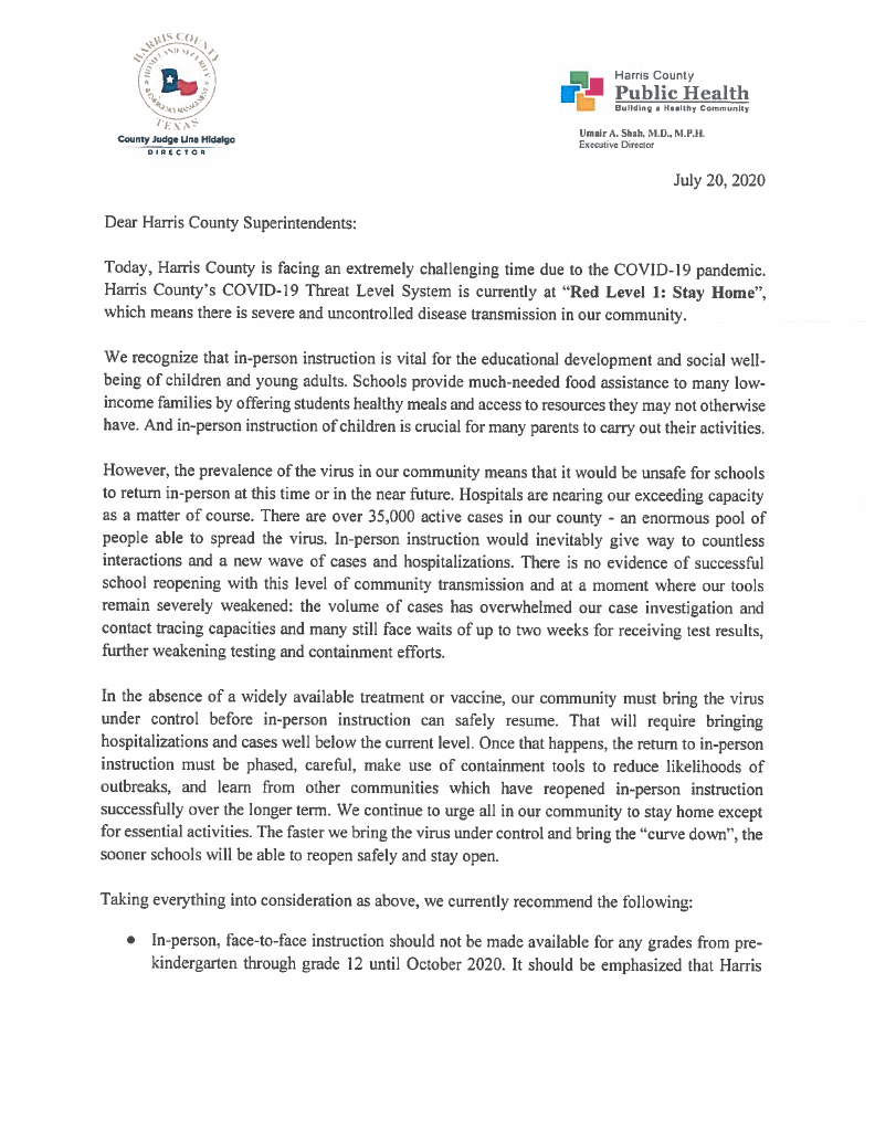 hcphtx's tweet photo. 🚨We have issued a letter to Harris County superintendents with @HarrisCoJudge Hidalgo.
"In-person, face-to-face instruction should not be made available for any grades from pre-kindergarten through grade 12 until October 2020."
Read full letter below or https://t.co/VwzRDcZRj6 . https://t.co/L3Rm7OPDSF