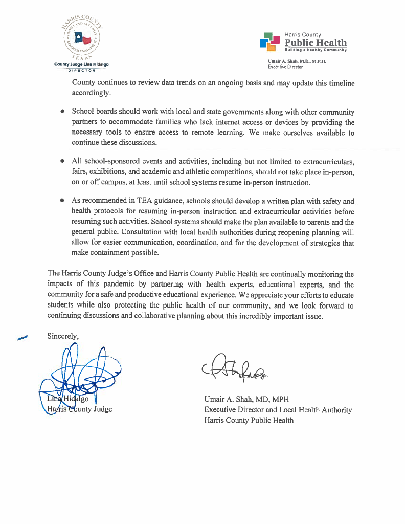 hcphtx's tweet photo. 🚨We have issued a letter to Harris County superintendents with @HarrisCoJudge Hidalgo.
"In-person, face-to-face instruction should not be made available for any grades from pre-kindergarten through grade 12 until October 2020."
Read full letter below or https://t.co/VwzRDcZRj6 . https://t.co/L3Rm7OPDSF