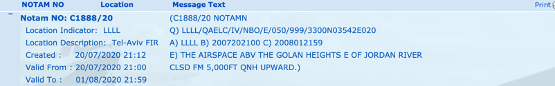 NOTAM C1888/20 issued for over the Golan Heights, northern  #Israel.