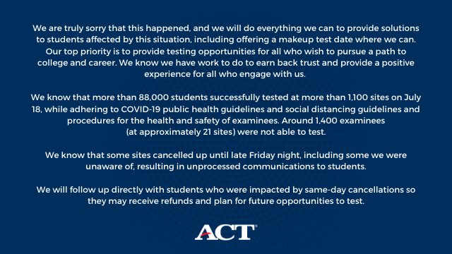 ACTStudent's tweet photo. We're currently looking into the unfortunate situation where students showed up to cancelled test centers and will provide more info as soon as we can. 

We are truly sorry that this happened, and we will follow up directly with students who were impacted. https://t.co/ewwfSzlQC9 https://t.co/Sj32hBFyha