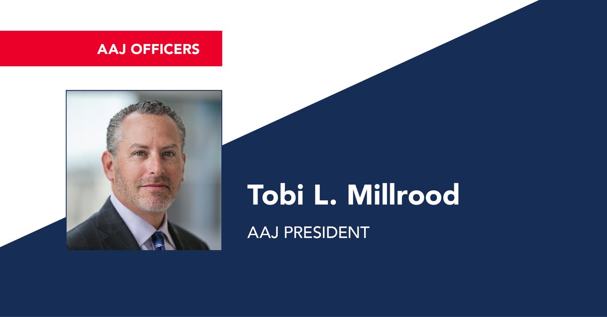 JusticeDotOrg's tweet photo. We are pleased to announce that @TobiMillroodEsq was sworn in as the new President of AAJ at the 2020 #AAJAmpedUp virtual convention. We look forward to his leadership over the coming year. https://t.co/yDmTSEIp5m https://t.co/uAwNuRfhQY