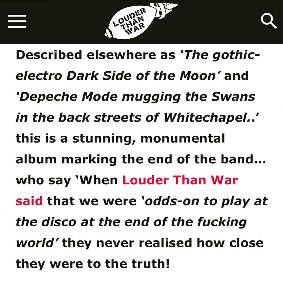Thank you @louderthanwarofficial for the amazing review! There are still a few of the limited edition gatefold cds left if you want some machine music with dark soul..... #goth #darkmusic #darkelectro #synthwave #darkwave #80salternativemusic #80smusic