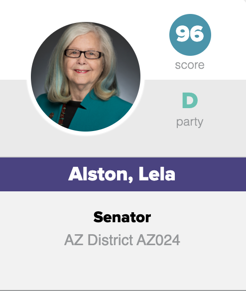 Congratulations to  @LelaAlstonAz from LD-24 for being one of the top 15 legislators on our Progress Score this year! Sen. Alston received a 96%!