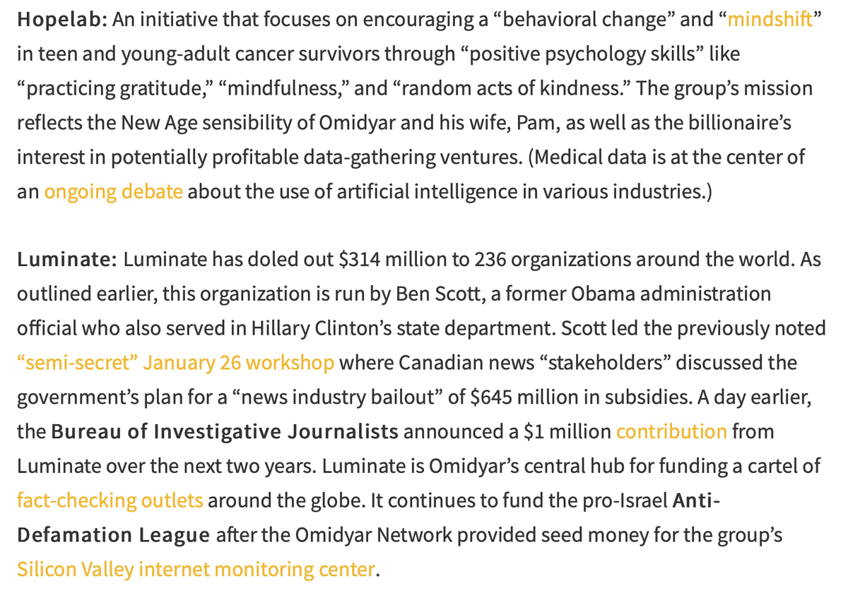 "Omidyar’s political empire consists of a web of organizations overseen by its center of administration: the Omidyar Group" including Ulupono Initiative, Humanity United, Hopelab, Luminate, First Look Media, Democracy Fund