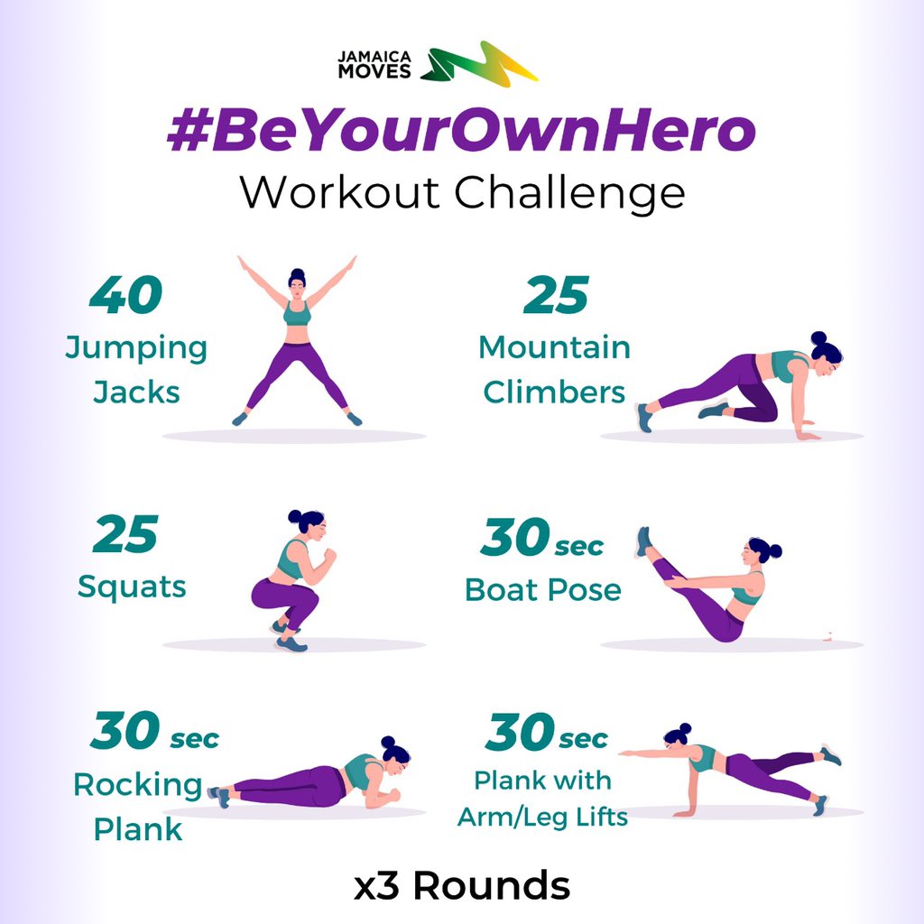 We heard somebody was slacking off of their exercise routine 👀 Won't call any names! 
 
It's time to get back on track and #BeYourOwnHero - here's an exercise circuit that is sure to work your core, obliques, and lower body 🦵🏾 
 
#Jamaicamoves #GetMoving #HomeFitJa #MoveItMonday