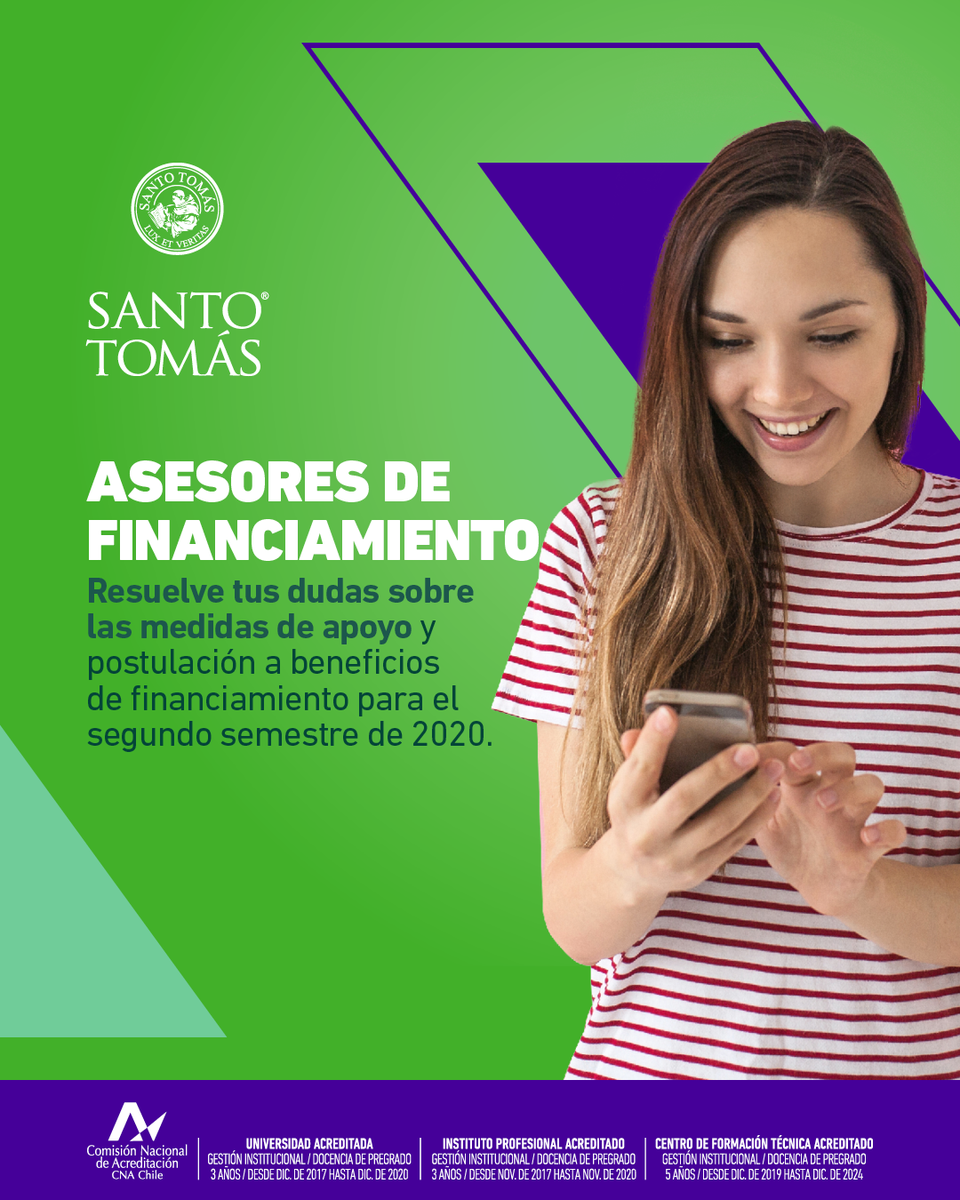 SantoTomasLS's tweet photo. ¿Tienes dudas sobre cómo financiar el segundo semestre de 2020? Chatea vía WhatsApp con nuestros asesores e infórmate sobre la postulación extraordinaria para el Crédito CAE y resuelve todas las dudas que puedes tener sobre finanzas.
Chatea acá https://t.co/tYW4Hw9QoB https://t.co/KirPwHgJmo