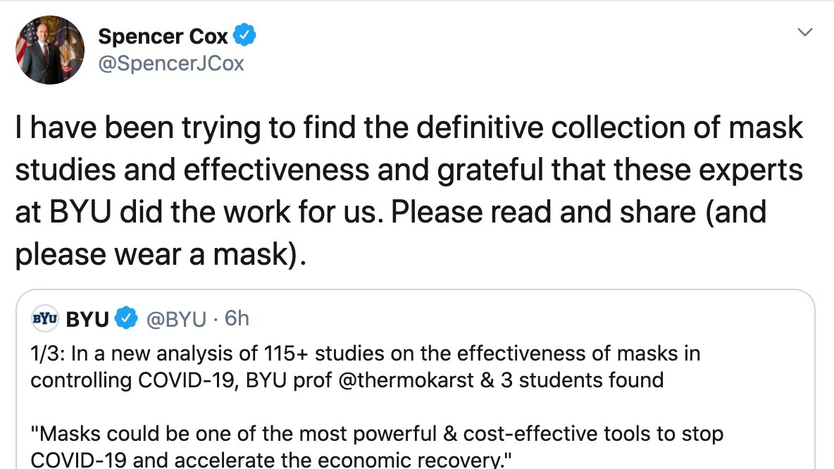 Today, Utah's LDS lieutenant governor (and GOP nominee for governor, which essentially makes him guv-elect in this state)  @SpencerJCox, tweeted his appreciation for  @BYU's "yes, masks work" study. /5