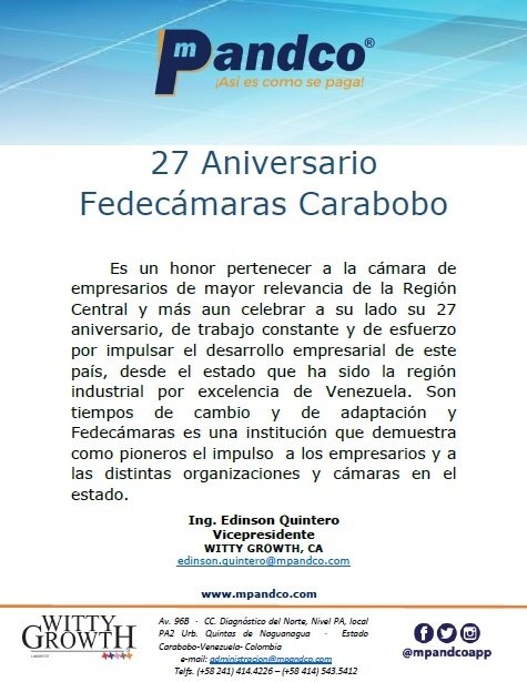 mpandcoapp's tweet photo. Cómo institución empresarial Carabobeña, felicitamos a Fedecámaras Carabobo por su 27 Aniversario. Los mejores deseos para esta institución que impulsa el desarrollo empresarial. https://t.co/GjrRadXEpy