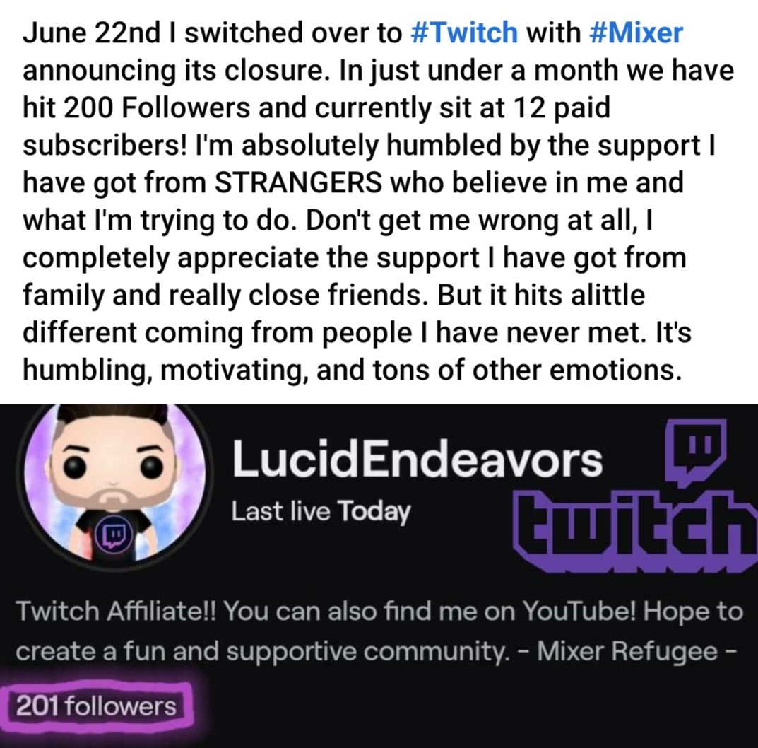 TheMikeLucid's tweet photo. Feeling fantastic. It has been a wild month Since leaving #Mixer Thank you! @TwitchSIE @TwitchStreamTTV
@rtsmallstreams @retweetcraft #SmallStreamersConnect
@MixerRefugees #twitchaffiliate https://t.co/EqM7zqpRhz