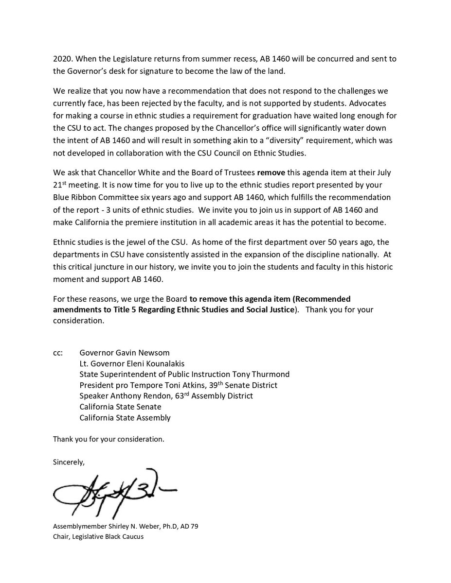DrWeber4CA's tweet photo. The @calstate votes on a recommendation this week that does not respond to the challenges we currently face. Now is the time to live up to the #1 recommendation from your commissioned report—a 3 unit requirement in Ethnic Studies. Join students and faculty in support of #AB1460 https://t.co/lGyE08iD1i