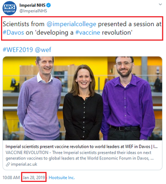 Jan 2019: "Imperial scientists present  #vaccine revolution to world leaders at WEF in Davos" Academics from Imperial's Network for Vaccine Research, joined heads of G20, other states,  #CEOs of  #multinationals, members of int. orgs & other scientists at the  #WEF meeting.  #COVID19