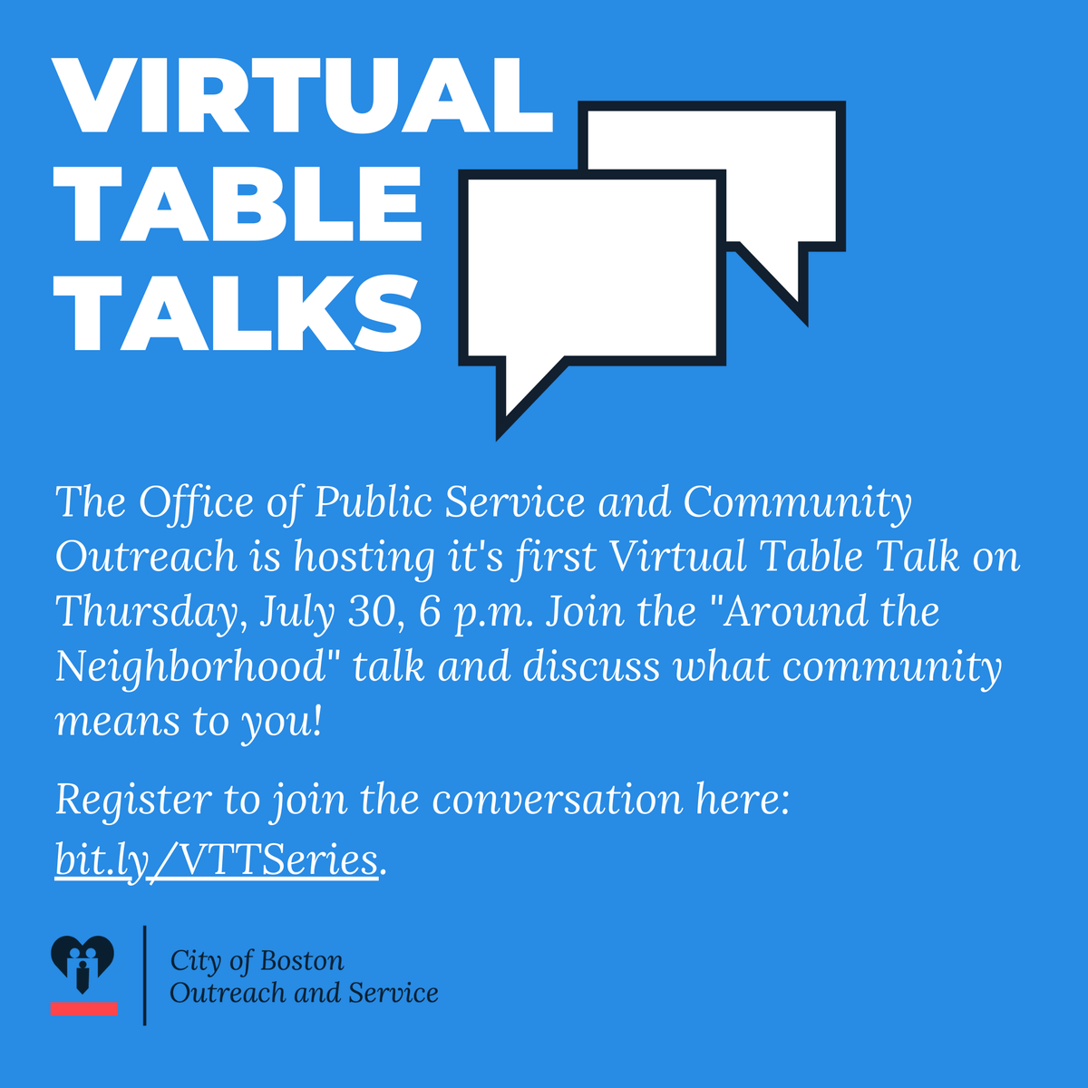 BostonParksDept's tweet photo. Hey Boston, join @BosServOutreach’s ‘Around the Neighborhood’ #VirtualTableTalk to discuss what community means to you! Register at https://t.co/6SwOTaFdTd! #TableTalk2020 #Let’sChatBoston #BostonTalks #CommunityConvo #TableTalkBoston #VirtualTalkBoston #CivicBos https://t.co/4Gx9Mo0cgh