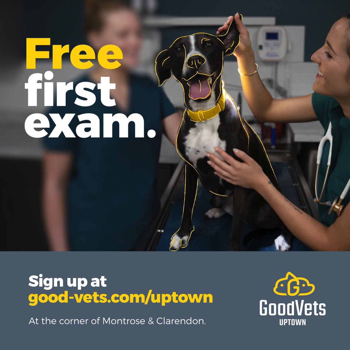 Puptown_DFA's tweet photo. We want to send out a big Puptown welcome to Good Vets who are opening today at Clarendon and Montrose!  It's nice to have veterinary options in the immediate Puptown area. Let them know you’re a fan of Puptown and your first exam will be free. https://t.co/x2FKfIrCUc https://t.co/mBAzbU2HRf