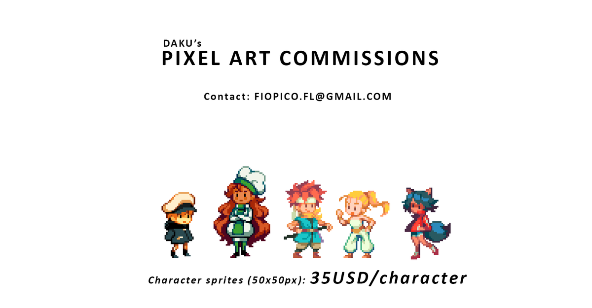 fiopico's tweet photo. ⭐️ PIXEL ART COMMISSIONS ⭐️

Hi! I'm DAKU, a freelancer pixel artist based in Spain and I'm looking for work! ☺️ RTs would be very appreciated. 

Contact me: fiopico.fl@gmail.com
More info/Terms of Service: https://t.co/DWpjg5hxLe
Gallery: https://t.co/QYDCd9gy7F https://t.co/hxOv0dDnCU