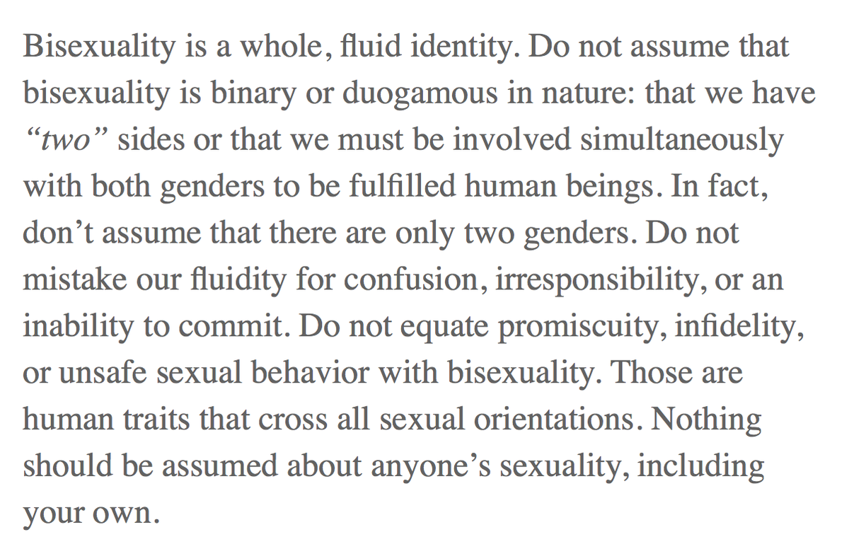 it also touches on the fact bisexuality is not just the attraction to two genders (plus that there are NOT just two genders) and that bisexuality is not inherently promiscuous and/or unsafe both very prelate stereotypes at the time and unfortunately still today