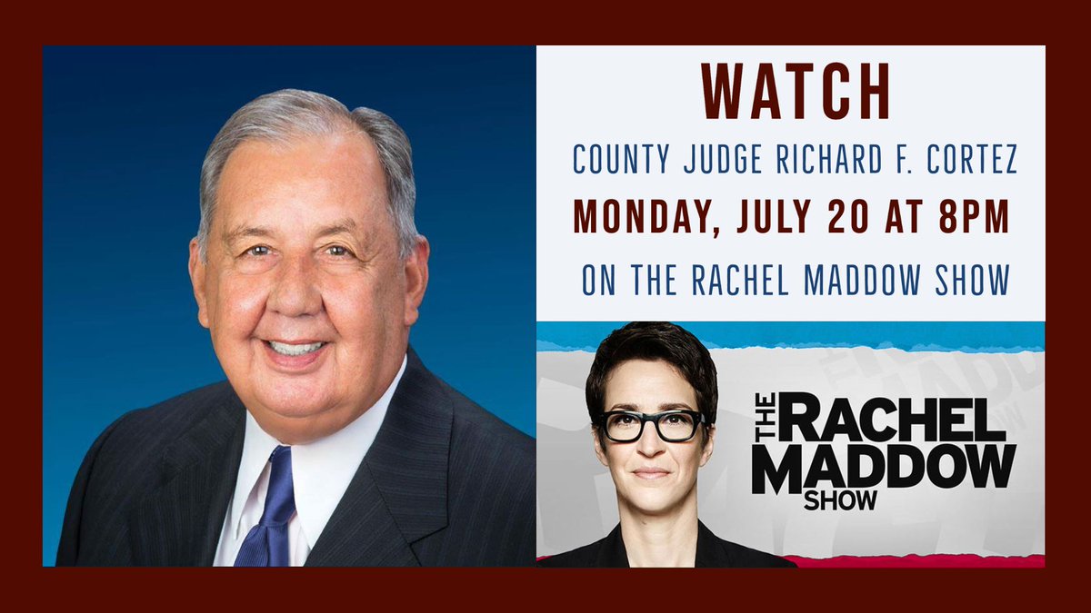 HidalgoCountyTX's tweet photo. TUNE IN TONIGHT! Hidalgo County Judge Richard F. Cortez @JudgeCortez will be a guest on the Rachel @maddow show tonight at 8pm on MSNBC. You can watch on Spectrum channel 203, DirecTV channel 356, and Dish Network channel 209. https://t.co/3IUpWlh3bP