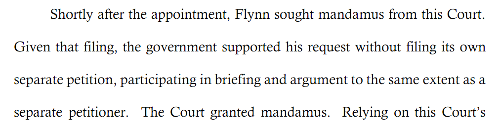 DOJ reminding the court that they are not the party who filed the writ of mandamus. The 3 judge panel found that it was the executive power that was being trod upon by Judge Sullivan, this is a key point as courts granted mandamus to Flynn not DOJ the party injured.