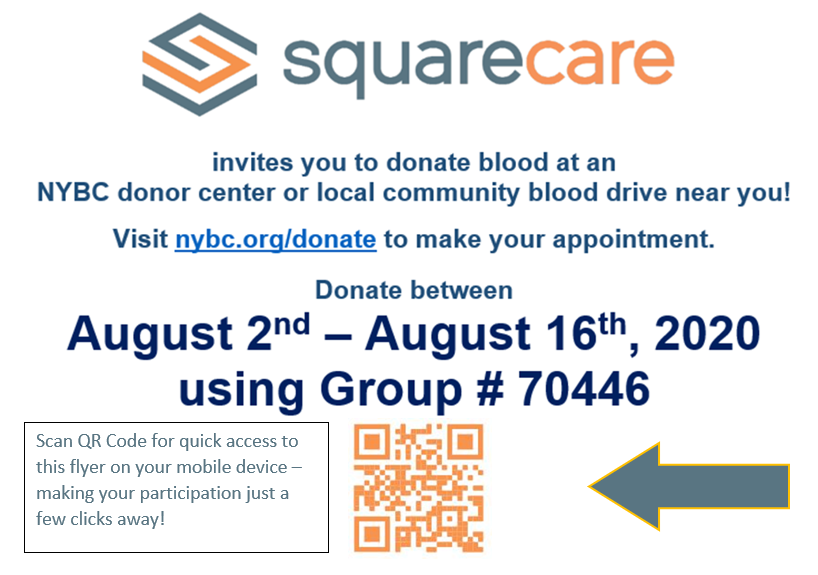 SquareCareNY's tweet photo. Home | New York Blood Center https://t.co/WPq5GygHaJ 
From August 2nd, to August 16th, Square Care is virtually hosting a Blood Drive!
Please Share on Social Media and Use Group# 70446
Donate Blood Save a Life!  #DonateBlood #SquareCare #SaveALife https://t.co/JspFqOcFia