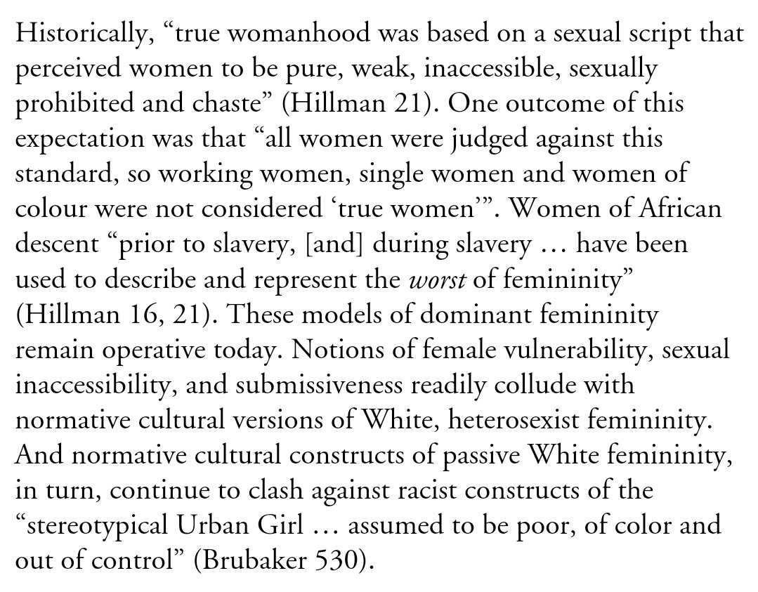 If "true womanhood" is based on a white patriarchal sexual script that sees WW as sexually unavailable, the racist myth of WOC's constant sexual availability impacts perceptions of desirability and *how (in)valuable our sexual consent is*