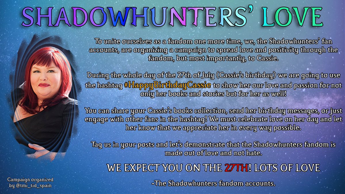 WikiShadowHunt's tweet image. ✨ ➰ Aviso a todos los Nefilim y subterráneos ➰ ✨ 

Las cuentas del fandom de Cazadores de Sombras trabajamos juntos .. ¡para festejar el próximo cumple de @cassieclare!

Lean la imagen para saber más y ¡Nos vemos el 27 de julio usando #HappyBirthdayCassie!