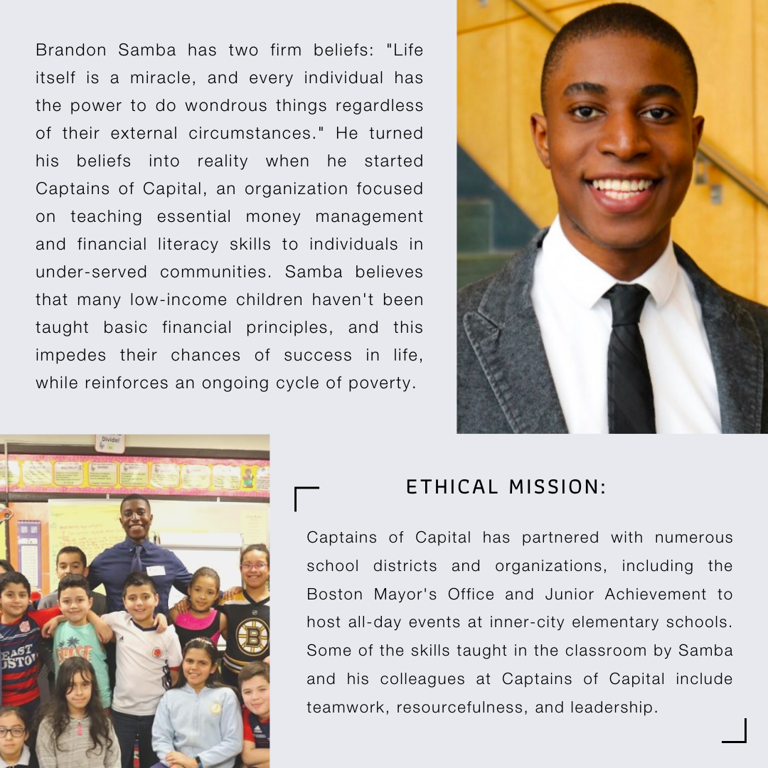 BentleyEthics's tweet photo. Step aside #CaptainAmerica! Recent @bentleyu graduate, Brandon Samba is an #EthicalEntrepreneur who created Captains of Capital to support financial literacy w/ students in underserved communities. His aim is to awaken the superpower of human potential in kids w/their lives ahead https://t.co/9f3qcVi7Or