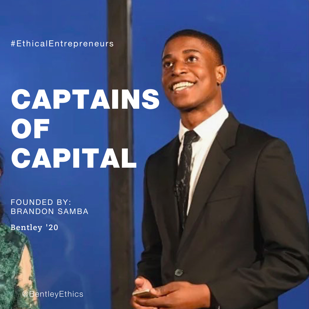 BentleyEthics's tweet photo. Step aside #CaptainAmerica! Recent @bentleyu graduate, Brandon Samba is an #EthicalEntrepreneur who created Captains of Capital to support financial literacy w/ students in underserved communities. His aim is to awaken the superpower of human potential in kids w/their lives ahead https://t.co/9f3qcVi7Or