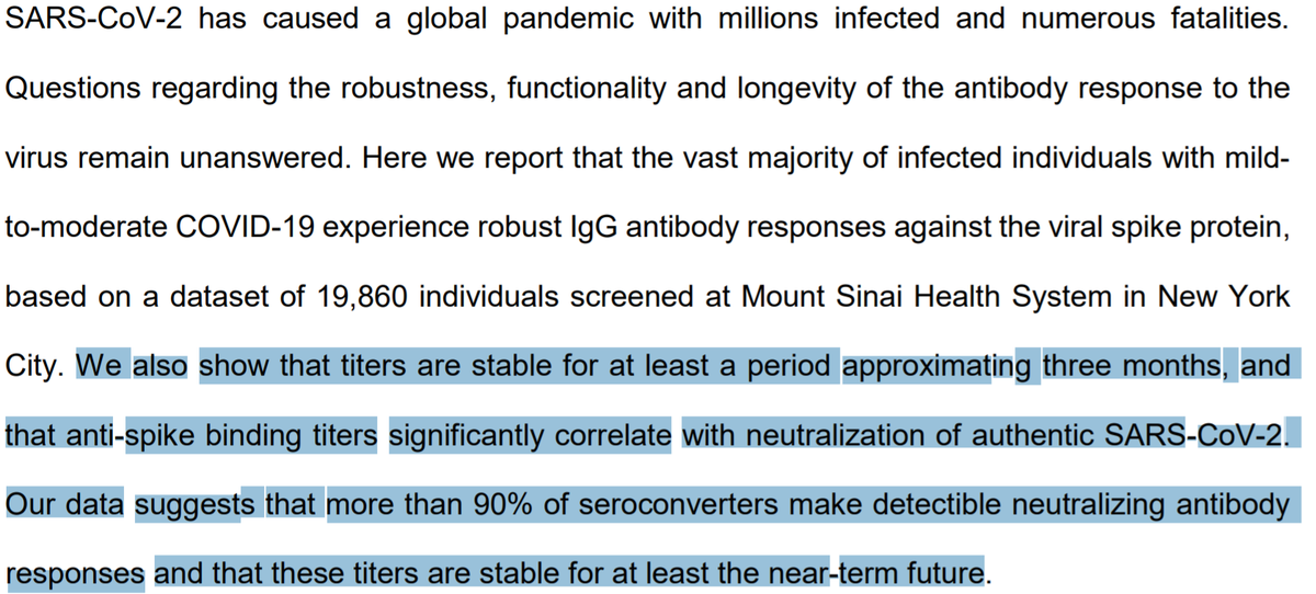 Re: "(supposed) seronegativity"Studies with smaller sizes, showing antibodies either not appearing in some patients and/or falling beneath limit of detection by ~3 months: https://web.archive.org/web/20200625074457/https://www.medrxiv.org/content/10.1101/2020.03.24.20042382v1.full.pdf https://www.biorxiv.org/content/10.1101/2020.07.16.206847v1.full.pdfLarge study showing otherwise: https://web.archive.org/web/20200720222438/https://www.medrxiv.org/content/10.1101/2020.07.14.20151126v1.full.pdf