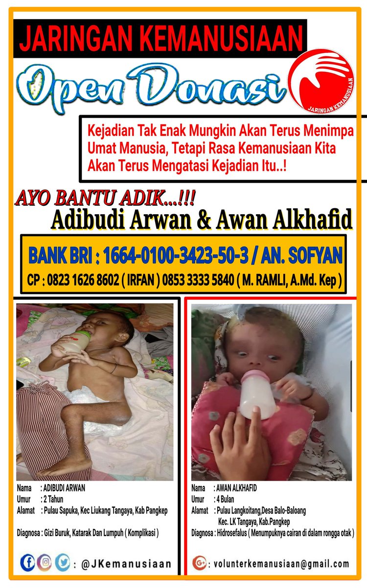 BANTU ANAK NELAYAN SEMBUH DARI PENYAKITNYA.

Orang Tua Kedua anak tersebut hanyalah nelayan tradisional disebuah Kepulauan terpencil
share.pedulisehat.id/E7YDrkOQ5bQ6B_1

2 Balita Asal Pangkep Derita Penyakit Kronis, Butuh Uluran Tangan Dermawan. 
sulselsehat.com/pangkep/5653/2…
<a href="/susipudjiastuti/">Susi Pudjiastuti</a>