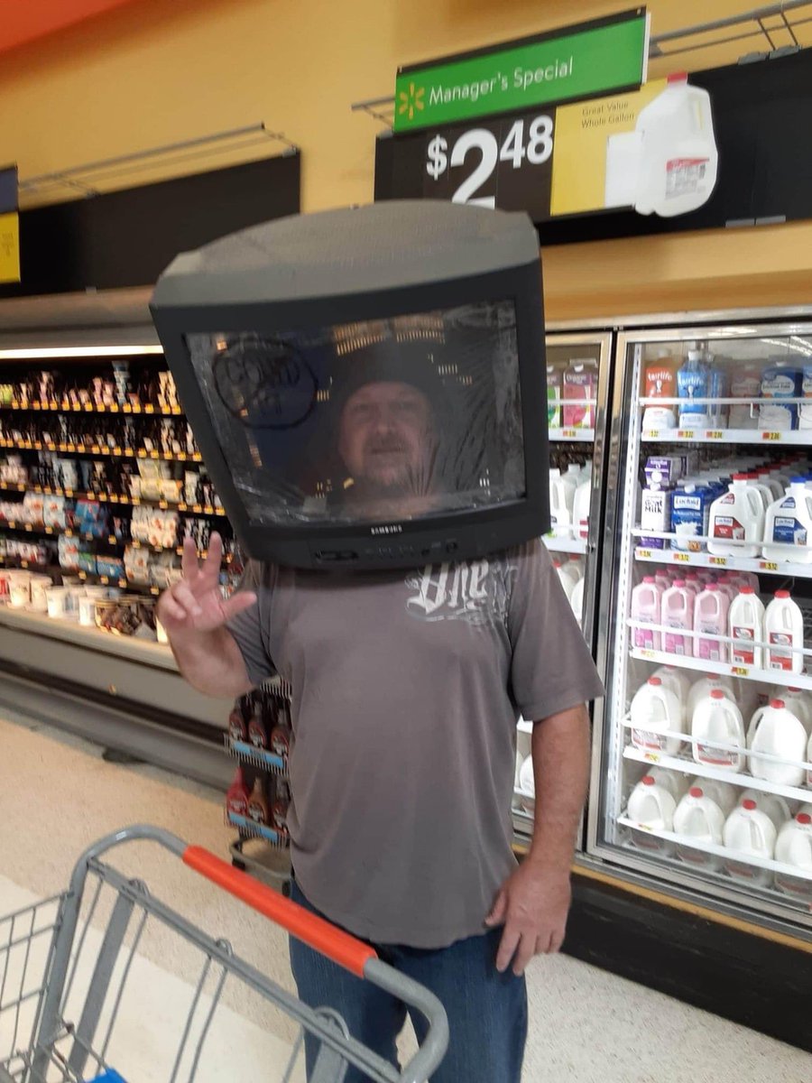 midwestvampiire's tweet photo. Guy was upset about mandatory mask guidelines, said he’d wear an old TV on his head then. I said “I triple dog dare ya, now you have to” 
What I see today HAHAHHAA https://t.co/z8dRgBpJlR