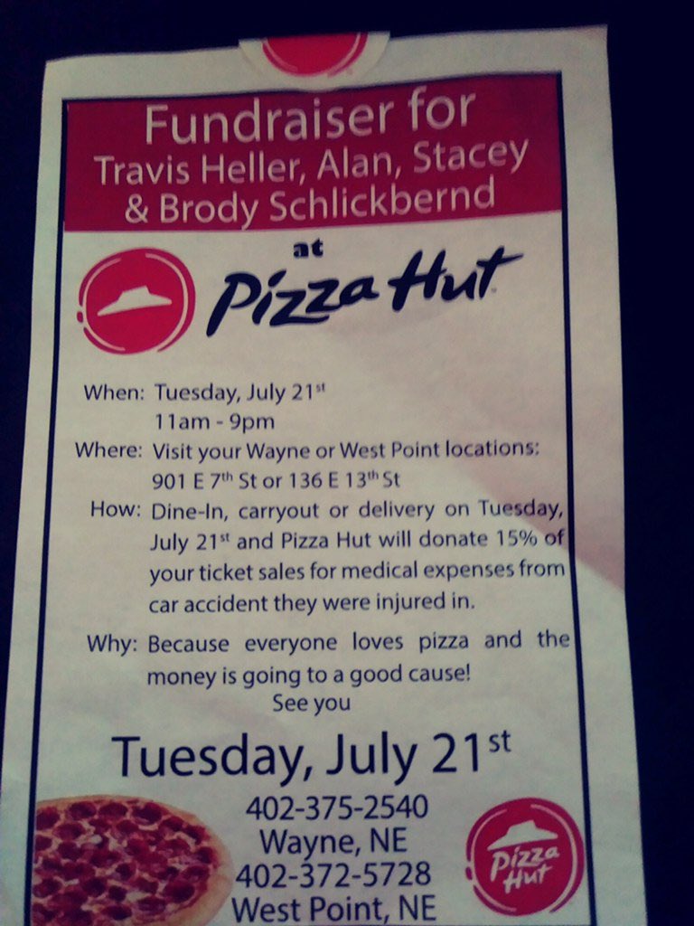 suzanneelise22's tweet photo. If you’re around Wayne or West Point tomorrow stop in at Pizza Hut. Your order can help a family that needs it. If you don’t feel like pizza there is also an account set up for the family at the 1st Community Bank for direct donations. Your help would be greatly appreciated! https://t.co/utDMql7U55